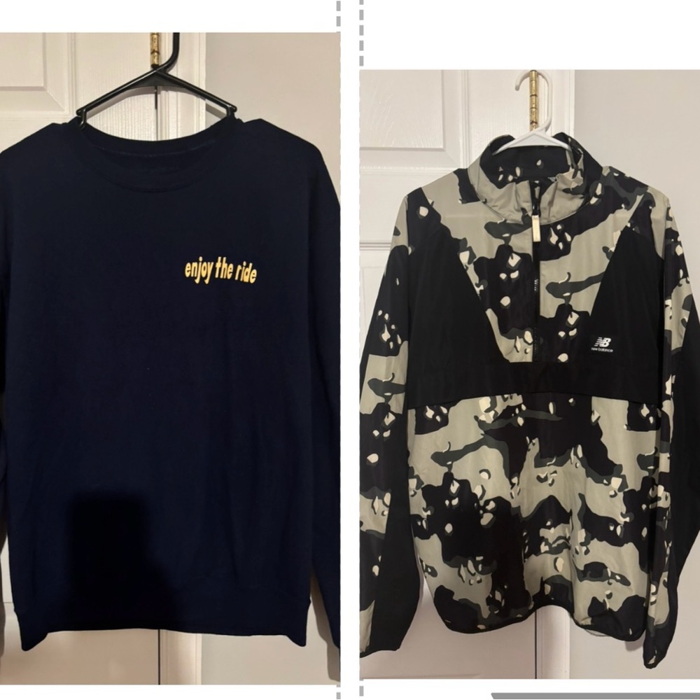 New Balance Camo pull over wind breaker and navy blue crew neck